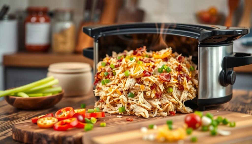 A beautifully arranged crock pot filled with crack chicken, showcasing tender shredded chicken mixed with creamy ranch seasoning, crispy bacon, and melted cheese, garnished with fresh green onions. In the foreground, a rustic wooden table with a cutting board having sliced ingredients like bell peppers and herbs. The middle ground features the crock pot with a warm, inviting glow, steam rising gently from the dish, emphasizing the cozy atmosphere of a home kitchen. In the background, a slightly blurred kitchen setting, with kitchen utensils and spices creating a warm culinary ambiance. Soft, natural lighting creates an inviting mood, highlighting textures and colors. The scene captures the essence of a delicious, comforting meal, perfect for family gatherings.