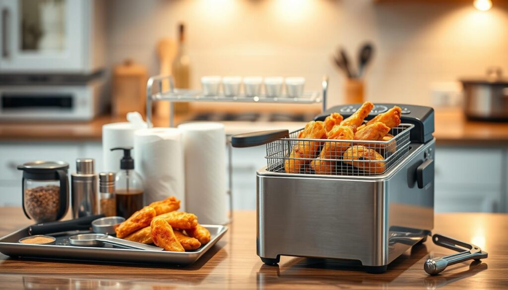 A beautifully arranged kitchen countertop showcasing the best equipment for frying chicken wings. In the foreground, feature a high-quality deep fryer with a golden-brown batch of crispy chicken wings inside, glistening with oil. Beside it, display a set of essential kitchen tools: a large stainless steel mixing bowl, seasoning containers filled with spices, and a sturdy pair of tongs. In the middle ground, include a well-organized drying rack lined with paper towels to absorb excess oil. In the background, soft, warm lighting enhances the inviting atmosphere of the kitchen, with blurred-out cabinets and equipment creating a homely yet professional vibe. Capture the image at a slightly elevated angle to emphasize the layout and inviting presentation of the cooking equipment.