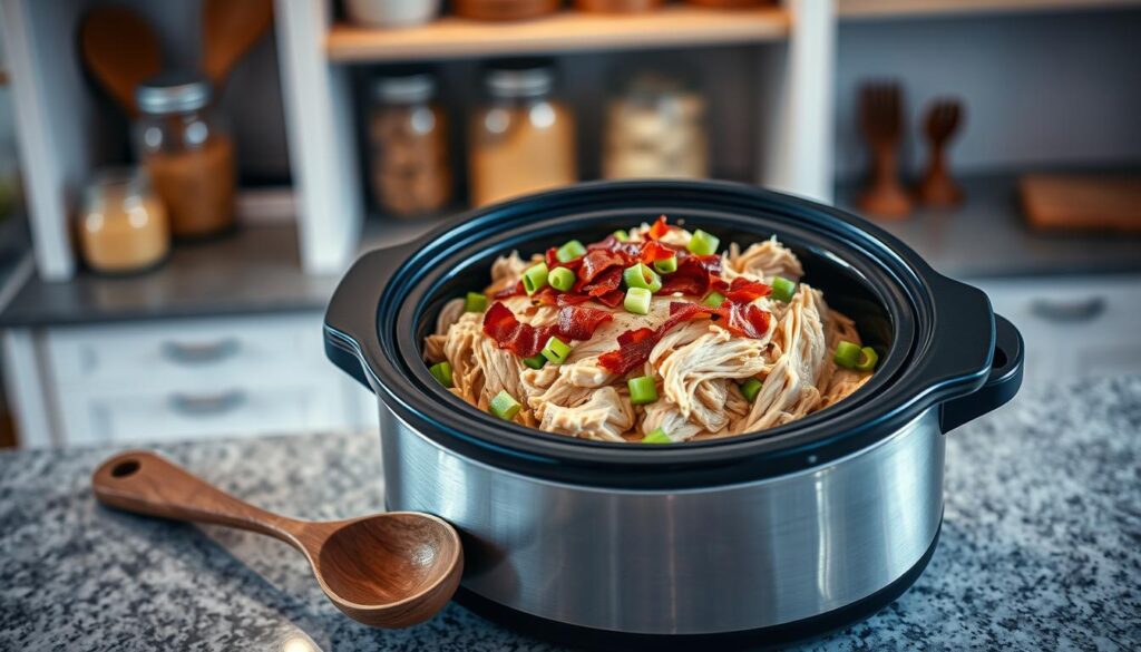 A beautifully arranged serving of crack chicken in a modern crock pot sits on a kitchen countertop. The dish features tender, shredded chicken mixed with creamy sauce and topped with sliced green onions and crispy bacon. In the foreground, a rustic wooden spoon rests beside the crock pot, implying the meal is ready to serve. Soft, warm lighting casts a cozy glow over the scene, creating an inviting atmosphere. In the background, blurred shelves with neatly organized kitchen utensils and jars enhance the homely feel. The angle is slightly overhead, providing a full view of the dish and its delicious texture, showcasing the comfort of home-cooked meals and the essence of meal prep convenience.