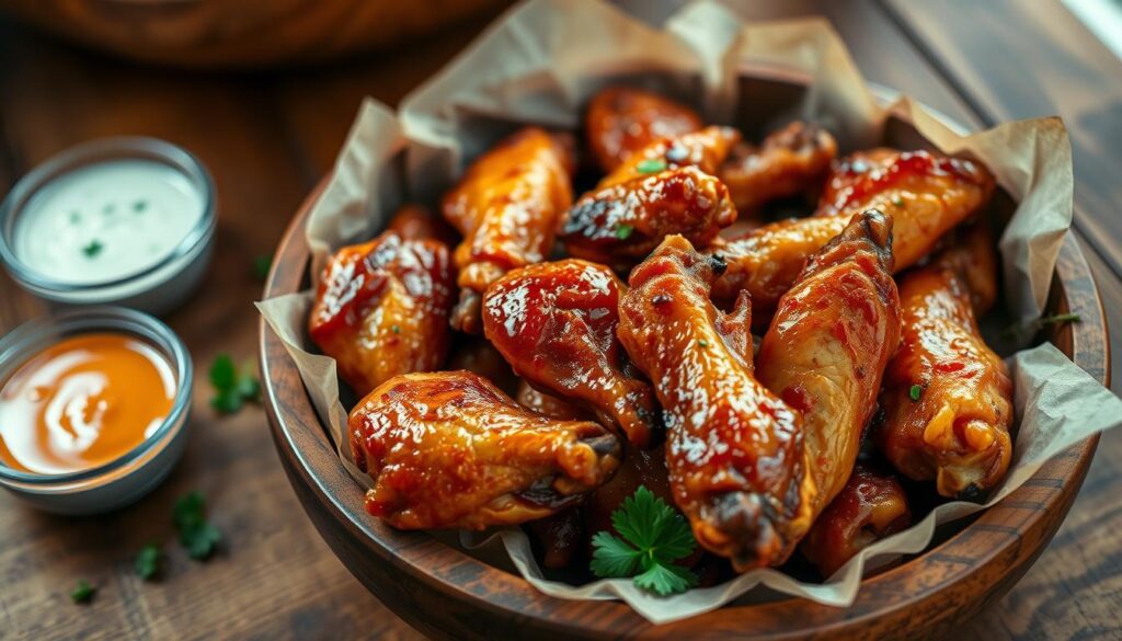 A close-up view of delicious oven-baked chicken wings, slightly golden-brown and glistening with a savory glaze, arranged artistically in a rustic wooden bowl. Juicy wings sit atop a bed of parchment paper, with a few scattered herbs like parsley, adding freshness. In the background, a wooden kitchen surface hints at a cozy, homey atmosphere, with soft, warm lighting accentuating the texture and color of the wings. A couple of dipping sauces in small bowls, like ranch and buffalo, are positioned beside the wings, giving a sense of readiness for reheating. The scene conveys a feeling of comfort and indulgence, perfect for showcasing delicious leftovers. The angle is slightly overhead, focusing on the wings, ensuring an inviting and appetizing presentation.