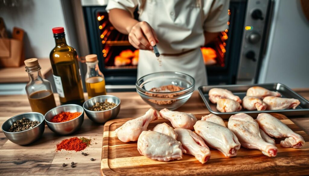 A vibrant kitchen scene showcasing the preparation steps for oven-baked chicken wings. In the foreground, a large wooden cutting board holds raw, unseasoned chicken wings alongside bowls of herbs and spices like paprika, garlic powder, and black pepper. A bottle of olive oil is casually placed nearby. In the middle, a chef in a modest apron mixes ingredients in a bowl and seasons the wings with care. The background features a warm oven with chicken wings placed on a baking tray, lightly glazed and ready to go in. Soft, diffused lighting enhances the inviting atmosphere, casting gentle shadows and creating a homely feel. The camera angle is slightly overhead, capturing the action in vibrant colors, emphasizing freshness and readiness for cooking.