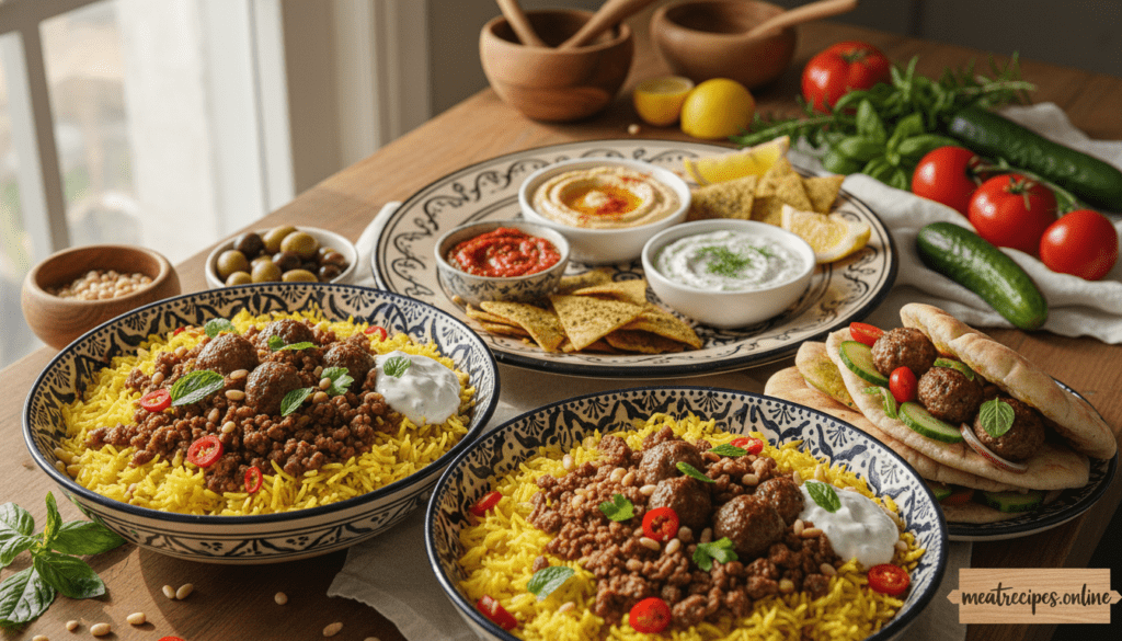 A beautifully arranged Mediterranean-inspired meal featuring ground lamb in various creative serving ideas. In the foreground, showcase vibrant rice bowls garnished with herbs and spices, alongside warm, fluffy pita bread filled with savory lamb meatballs and fresh vegetables. In the middle, display a colorful platter featuring a variety of dips like tzatziki and hummus, accompanied by pita chips and olives. The background captures a rustic kitchen setting with wooden utensils and fresh ingredients like tomatoes, cucumber, and herbs. Natural sunlight streams through a window, casting a warm glow, enhancing the inviting atmosphere. The scene is perfectly composed with a shallow depth of field to bring focus to the food, creating a tantalizing visual that highlights "meatrecipes.online."
