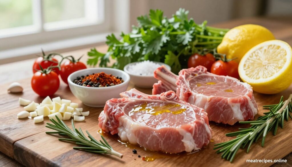 A beautifully arranged array of ingredients for a juicy, flavorful boneless pork chop recipe, set on a rustic wooden table. In the foreground, fresh boneless pork chops glisten with olive oil, surrounded by vibrant ingredients: finely chopped garlic, fresh rosemary sprigs, and a lemon sliced in half. In the middle layer, a small bowl filled with a blend of spices, including black pepper, smoked paprika, and sea salt. Scattered throughout are sprigs of parsley and cherry tomatoes for a pop of color. In the background, soft natural lighting filters through a nearby window, casting a warm glow over the scene. The atmosphere is inviting and cozy, perfect for a home-cooked meal. Emphasizing culinary delight, the text "meatrecipes.online" subtly featured in the corner.
