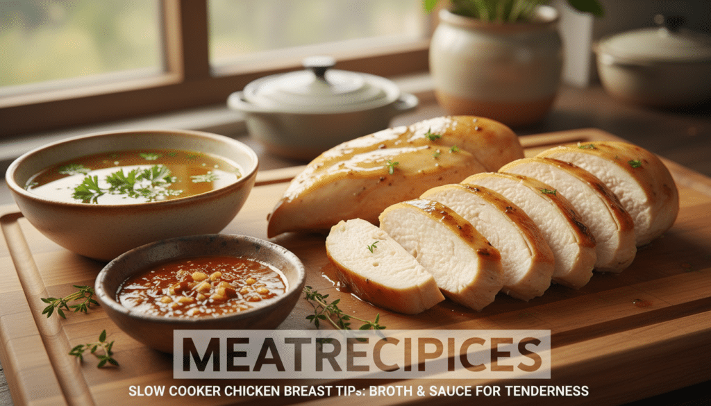 A beautifully arranged close-up shot of a wooden cutting board displaying various broth and sauce tips for tender chicken breast. In the foreground, a small bowl of rich chicken broth garnished with fresh herbs, next to a tantalizing sauce featuring vibrant ingredients like garlic, onions, and spices. In the middle, glistening pieces of succulent slow-cooked chicken breast are artistically presented, emphasizing their moisture and tenderness. The background features a softly lit kitchen setting, enhancing the warm and inviting atmosphere with natural lighting streaming through a window. The overall mood conveys a sense of culinary mastery and homely comfort, showcasing tips from the brand "Meatrecipices" for achieving perfect chicken in a slow cooker.