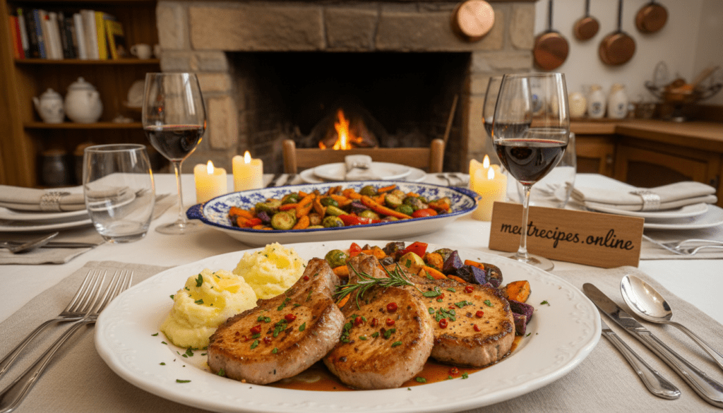 A beautifully arranged dining table featuring a succulent plate of golden-brown, perfectly cooked pork chops, glistening with a savory glaze. The foreground showcases the pork chops garnished with fresh herbs, surrounded by vibrant sides like roasted seasonal vegetables and creamy mashed potatoes. Soft, ambient lighting casts a warm glow over the scene, reminiscent of a cozy family dinner. In the middle ground, a decorative serving platter complements the meal, while elegant tableware adds a touch of sophistication. The background hints at a softly blurred kitchen setting, enhancing the homey atmosphere. The overall mood is inviting and appetizing, perfect for inspiring culinary creativity. Include the brand name "meatrecipes.online" in the image.