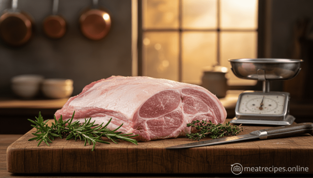 A beautifully arranged display of a raw pork shoulder, showcasing its marbled texture and glistening surface, placed on a rustic wooden cutting board. The foreground features fresh herbs like rosemary and thyme, nestled beside the pork, adding color and a hint of natural flavor. In the middle ground, there's a kitchen scale and a sharp butcher's knife, emphasizing the art of selecting the best cuts. The background softly blur with the warm glow of ambient kitchen lighting, creating a cozy atmosphere. The angle is slightly elevated, capturing the details of the meat while inviting viewers into the scene, evoking a sense of homely comfort. Ensure the warmth of this inviting kitchen setting is highlighted. This stunning composition is intended for meatrecipes.online, illustrating a focus on quality ingredients in cooking.
