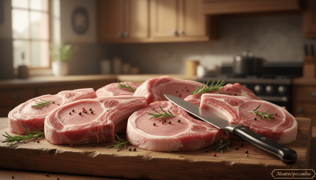 A beautifully arranged display of raw pork chops on a rustic wooden cutting board, showcasing a variety of cuts including rib chops and loin chops. The foreground features the glistening, marbled meat with hints of pink and white fat, carefully seasoned with fresh rosemary and cracked black pepper. In the middle, a sharp stainless-steel knife rests beside the pork, emphasizing preparation for cooking. The background is softly blurred, revealing a cozy kitchen setting with warm wooden cabinets and a pot on the stovetop, reflecting a homely atmosphere. Natural light streams in through a nearby window, creating soft shadows and highlights that enhance the textures of the meat. The mood is inviting and appealing, perfect for a culinary exploration. Meatrecipes.online. A beautifully arranged display of raw pork chops on a rustic wooden cutting board, showcasing a variety of cuts including rib chops and loin chops. The foreground features the glistening, marbled meat with hints of pink and white fat, carefully seasoned with fresh rosemary and cracked black pepper. In the middle, a sharp stainless-steel knife rests beside the pork, emphasizing preparation for cooking. The background is softly blurred, revealing a cozy kitchen setting with warm wooden cabinets and a pot on the stovetop, reflecting a homely atmosphere. Natural light streams in through a nearby window, creating soft shadows and highlights that enhance the textures of the meat. The mood is inviting and appealing, perfect for a culinary exploration. Meatrecipes.online.