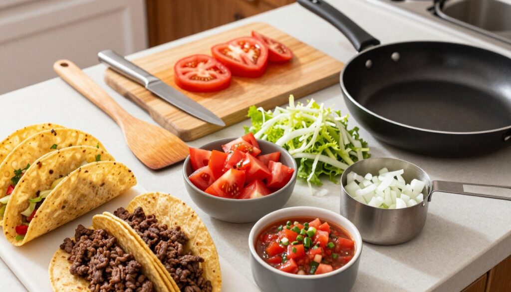 A beautifully arranged flat lay of essential ingredients and tools for making beef tacos. In the foreground, vibrant fresh ingredients like ground beef, soft taco shells, diced tomatoes, shredded lettuce, chopped onions, and a bowl of salsa are artfully displayed. Beside these, essential cooking tools such as a wooden spatula, a frying pan, and a measuring cup for spices are neatly positioned. The middle layer features a cutting board with ingredients prepped for cooking, and a knife. In the background, a kitchen countertop subtly hints at a warm, inviting atmosphere with soft, natural lighting to emphasize the colors of the fresh ingredients. Take the photo with a slightly overhead angle, creating a cozy and appetizing mood, perfect for a home cooking scene. Designed for meatrecipes.online. A beautifully arranged flat lay of essential ingredients and tools for making beef tacos. In the foreground, vibrant fresh ingredients like ground beef, soft taco shells, diced tomatoes, shredded lettuce, chopped onions, and a bowl of salsa are artfully displayed. Beside these, essential cooking tools such as a wooden spatula, a frying pan, and a measuring cup for spices are neatly positioned. The middle layer features a cutting board with ingredients prepped for cooking, and a knife. In the background, a kitchen countertop subtly hints at a warm, inviting atmosphere with soft, natural lighting to emphasize the colors of the fresh ingredients. Take the photo with a slightly overhead angle, creating a cozy and appetizing mood, perfect for a home cooking scene. Designed for meatrecipes.online.