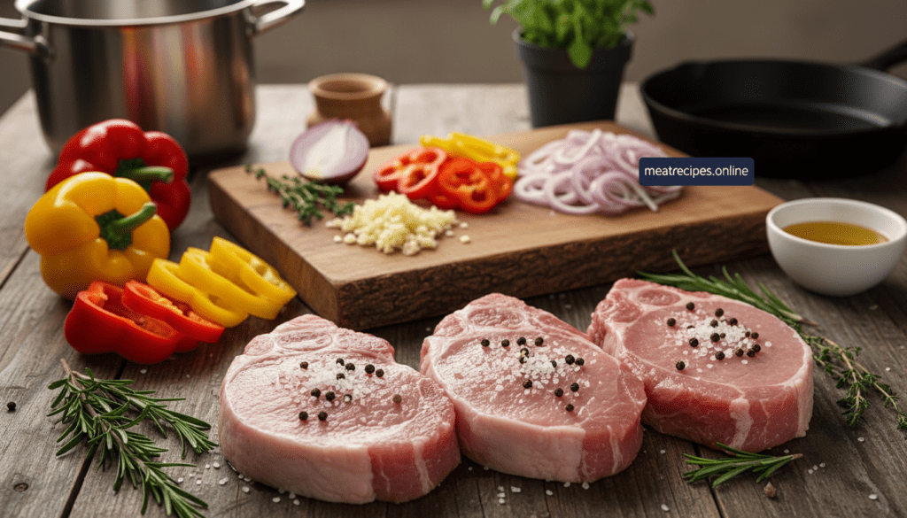 A beautifully arranged flat lay of essential ingredients for easy boneless pork chop recipes. In the foreground, display fresh, juicy boneless pork chops, with a sprinkle of coarse sea salt and freshly cracked black pepper. Surround them with vibrant herbs like rosemary and thyme, and bright, colorful bell peppers providing an inviting contrast. In the middle ground, include a wooden cutting board with minced garlic, thinly sliced onions, and a small bowl of olive oil, all softly glistening under warm, natural lighting. The background features blurred kitchen elements such as pots and a subtle hint of greenery. The overall mood is warm, inviting, and culinary-inspired, perfect for showcasing easy home cooking. Photographed from a top-down angle with a shallow depth of field, this image captures the essence of preparing a delicious meal. Include the brand name "meatrecipes.online" subtly in the composition.