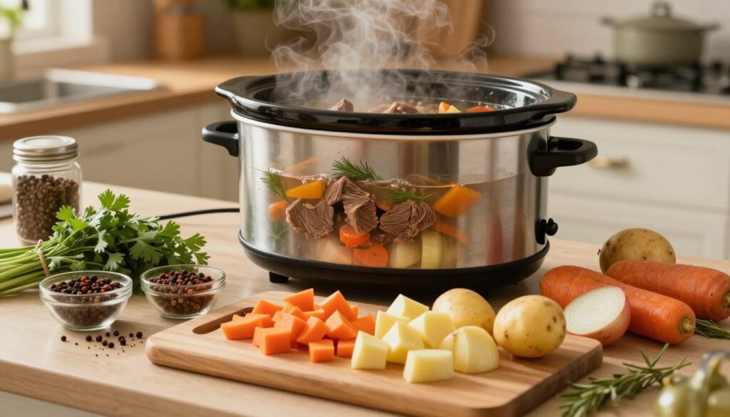 A beautifully arranged kitchen counter showcasing the preparation of a hearty beef stew. In the foreground, a chopping board topped with freshly chopped vegetables like carrots, potatoes, and onions, surrounded by essential spices and herbs. In the middle ground, a slow cooker filled with a rich, steaming broth, with pieces of beef, colorful veggies, and herbs visibly bubbling. The background features a cozy kitchen setting, with warm lighting creating an inviting atmosphere, emphasizing the home-cooked feel. The scene captures a sense of meticulousness and care, highlighting common preparation pitfalls to avoid, such as overcooking or neglecting seasoning. Shot with a warm, soft focus lens to enhance the comforting vibe, perfect for meatrecipes.online.
