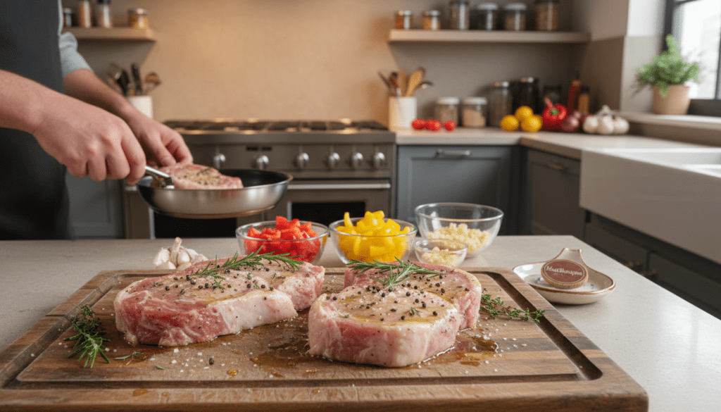 A beautifully arranged kitchen countertop featuring a chef preparing pork chops for cooking. In the foreground, fresh, seasoned pork chops rest on a wooden cutting board, glistening with olive oil and a sprinkle of herbs. The middle ground displays a variety of vibrant vegetables, like bell peppers and garlic, ready to be sautéed. The background features a well-lit kitchen with modern appliances and fresh ingredients stacked neatly. Soft, warm lighting highlights the textures of the meat and vegetables, creating an inviting atmosphere. The scene captures the excitement of meal preparation, evoking a sense of warmth and delicious possibilities. MeatRecipes.online logo subtly integrated into the scene. A beautifully arranged kitchen countertop featuring a chef preparing pork chops for cooking. In the foreground, fresh, seasoned pork chops rest on a wooden cutting board, glistening with olive oil and a sprinkle of herbs. The middle ground displays a variety of vibrant vegetables, like bell peppers and garlic, ready to be sautéed. The background features a well-lit kitchen with modern appliances and fresh ingredients stacked neatly. Soft, warm lighting highlights the textures of the meat and vegetables, creating an inviting atmosphere. The scene captures the excitement of meal preparation, evoking a sense of warmth and delicious possibilities. MeatRecipes.online logo subtly integrated into the scene.