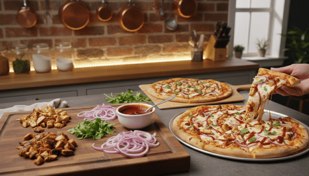 A beautifully arranged kitchen countertop showcasing the preparation of BBQ chicken pizza in four simple steps. In the foreground, a cutting board features diced grilled chicken, red onions, and cilantro, with a small bowl of BBQ sauce. In the middle, a partially assembled pizza crust topped with melted cheese and ingredients, ready to be baked. In the background, a cozy kitchen with warm lighting, a rustic brick wall, and kitchen utensils hanging. The atmosphere is inviting and homey, evoking the joy of cooking. The scene is captured from a slightly elevated angle to highlight all elements clearly, ensuring a clean and focused composition.