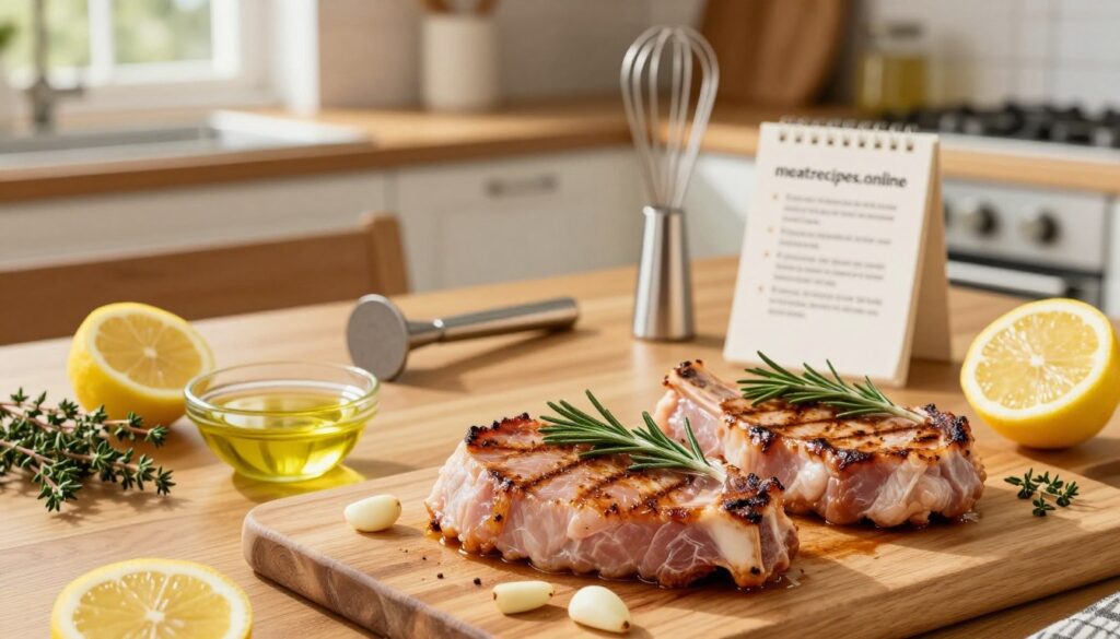 A beautifully arranged kitchen scene showcasing preparation tips for boneless pork chops. In the foreground, a cutting board with two juicy, pan-seared boneless pork chops garnished with fresh rosemary and garlic cloves. Surrounding the pork chops are vibrant ingredients like sliced lemons, sprigs of thyme, and a small bowl of olive oil for marinating. In the middle ground, an elegant wooden table is set with cooking utensils—a meat tenderizer, a whisk, and a small recipe card displaying helpful tips (without any visible text). The background reveals a warm, inviting kitchen with soft, natural lighting streaming through a window, highlighting the freshness of the ingredients. The overall mood is cozy and homey, perfect for a comforting pork chop dinner. The brand name "meatrecipes.online" subtly integrated into the scene.