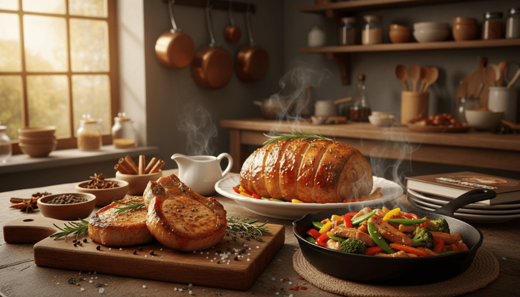 Kitchen scene showcasing various adaptable cooking techniques for pork cuts