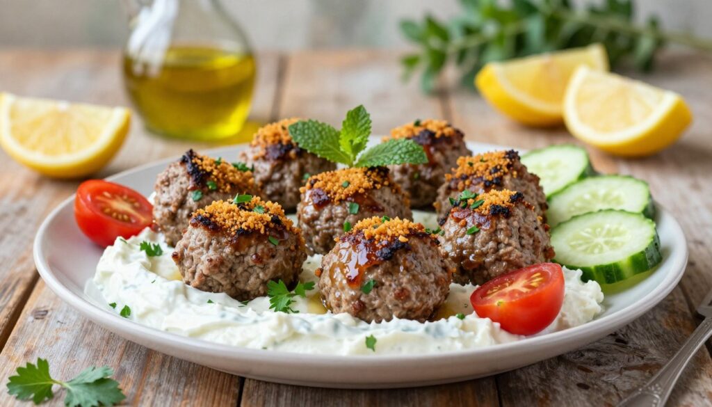 A beautifully arranged plate of Greek-inspired lamb meatballs, glistening with a rich, golden-brown crust, garnished with fresh herbs like parsley and mint. The foreground features the meatballs artistically placed atop a bed of creamy tzatziki sauce and accompanied by vibrant cherry tomatoes and sliced cucumbers for a fresh touch. In the middle background, a rustic wooden table setting enhances the homely vibe, with olive oil and lemon wedges strategically placed for added color. The background showcases soft, diffused natural lighting to create a warm, inviting atmosphere, complemented by an out-of-focus view of greenery or Mediterranean herbs. This image captures the essence of creativity in serving lamb meatballs, perfect for a culinary exploration by meatrecipes.online. A beautifully arranged plate of Greek-inspired lamb meatballs, glistening with a rich, golden-brown crust, garnished with fresh herbs like parsley and mint. The foreground features the meatballs artistically placed atop a bed of creamy tzatziki sauce and accompanied by vibrant cherry tomatoes and sliced cucumbers for a fresh touch. In the middle background, a rustic wooden table setting enhances the homely vibe, with olive oil and lemon wedges strategically placed for added color. The background showcases soft, diffused natural lighting to create a warm, inviting atmosphere, complemented by an out-of-focus view of greenery or Mediterranean herbs. This image captures the essence of creativity in serving lamb meatballs, perfect for a culinary exploration by meatrecipes.online.