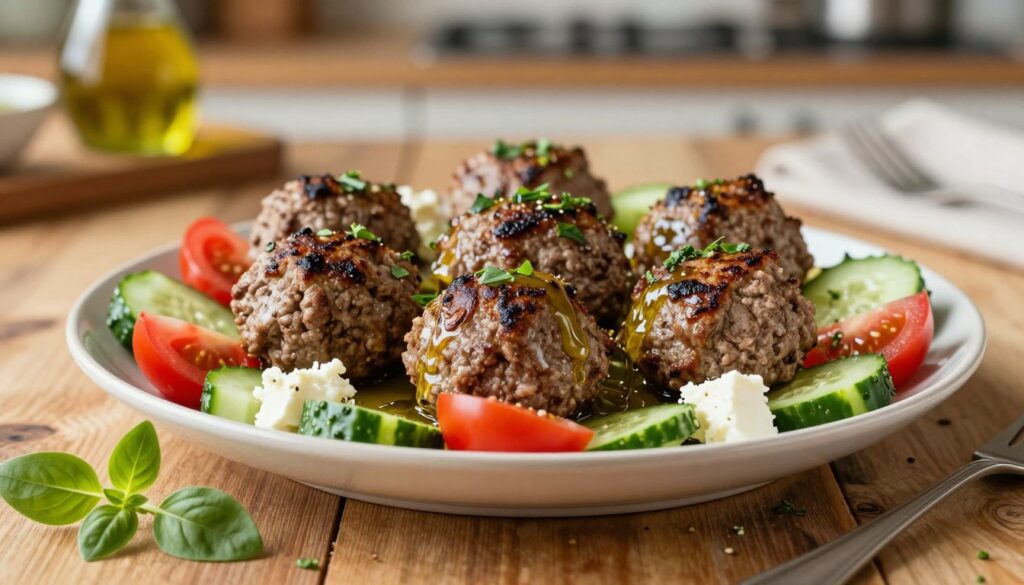 A beautifully arranged plate of juicy lamb meatballs, garnished with fresh herbs and a drizzle of olive oil. The meatballs are perfectly browned and sit atop a bed of vibrant Greek salad featuring crisp cucumbers, ripe tomatoes, and tangy feta cheese, all set against a rustic wooden table. In the foreground, a sprig of oregano adds a touch of green, while the background subtly features a soft, blurred kitchen setting illuminated by warm, natural light that conveys a cozy cooking atmosphere. The composition captures an inviting, mouth-watering look, ideal for showcasing the preparation of ground lamb. Shot with a 50mm lens to emphasize detail and texture, creating a rich, appetizing appeal. Perfect for a meat recipes guide by meatrecipes.online. A beautifully arranged plate of juicy lamb meatballs, garnished with fresh herbs and a drizzle of olive oil. The meatballs are perfectly browned and sit atop a bed of vibrant Greek salad featuring crisp cucumbers, ripe tomatoes, and tangy feta cheese, all set against a rustic wooden table. In the foreground, a sprig of oregano adds a touch of green, while the background subtly features a soft, blurred kitchen setting illuminated by warm, natural light that conveys a cozy cooking atmosphere. The composition captures an inviting, mouth-watering look, ideal for showcasing the preparation of ground lamb. Shot with a 50mm lens to emphasize detail and texture, creating a rich, appetizing appeal. Perfect for a meat recipes guide by meatrecipes.online.