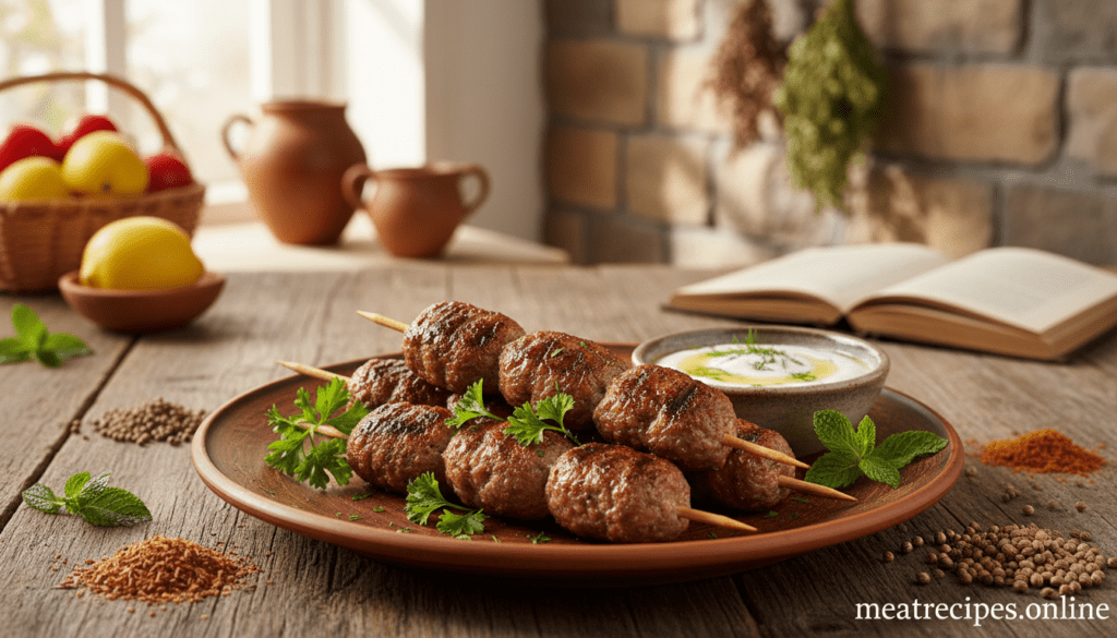 A beautifully arranged plate of kofta meatballs made from flavorful ground lamb, seasoned with aromatic spices, fresh herbs, and minced onions. The foreground features the juicy, grilled kofta skewers garnished with sprigs of parsley and served with a side of vibrant, tangy yogurt sauce. In the middle, a rustic wooden table adds a warm touch, with traditional Middle Eastern spices like cumin and coriander artistically scattered around. The background reveals a softly lit kitchen environment with glimpses of Mediterranean ingredients, enhancing the atmosphere of culinary heritage. The scene is captured in natural lighting, emphasizing the textures and colors of the dish. The overall mood is inviting and rich with the essence of flavorful traditions, perfect for showcasing delightful recipes from meatrecipes.online.