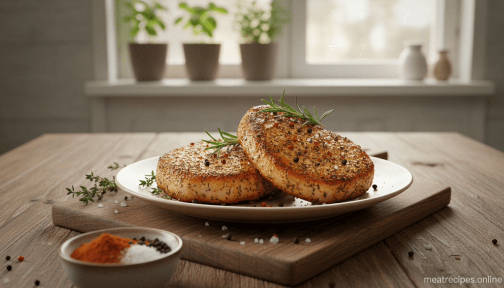 A beautifully arranged plate of succulent boneless pork chops, seasoned with an array of vibrant spices and herbs that burst with color. The pork chops are golden-brown with a crispy crust, garnished with fresh rosemary, thyme, and a sprinkle of coarse sea salt. In the foreground, a small bowl of flavorful seasoning blend sits, showcasing paprika, garlic powder, and black pepper. The middle ground features a rustic wooden table, enhancing the cozy atmosphere. The background is softly blurred, highlighting a warm kitchen ambiance with herb plants on a windowsill, bathed in natural daylight. Capture this scene with a shallow depth of field for intimacy, using soft, warm lighting to evoke a home-cooked feel. Perfect for "meatrecipes.online".
