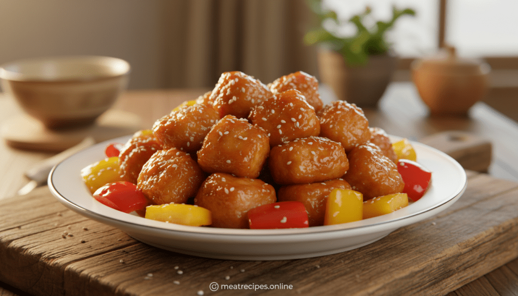 A beautifully arranged plate of sweet and sour pork, showcasing crispy, caramelized pieces of pork tenderloin glistening under a soft, warm light. The pork is surrounded by vibrant chunks of bell peppers and pineapples, their colors pop against the shiny sauce. In the foreground, a well-crafted wooden serving board adds a rustic touch, with a sprinkle of sesame seeds for garnish. The middle background features a blurred but cozy kitchen environment, hinting at the warmth of a home kitchen. The ambiance is inviting and appetizing, with warm tones that evoke a sense of comfort. Shot from a slightly elevated angle to capture the rich textures of the dish, this image emphasizes the golden-brown crispiness of the pork, perfect for a cooking article by meatrecipes.online.