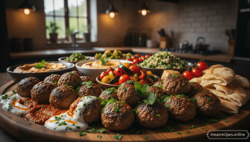 A beautifully arranged platter showcasing variations of cooked lamb meatballs, each styled in a different Mediterranean fashion. In the foreground, juicy lamb meatballs, garnished with fresh herbs like parsley and mint, are mixed with vibrant sauces such as tzatziki and harissa. In the middle, complementing the meatballs, are colorful sides of roasted vegetables, tabbouleh, and hummus served with warm pita bread. The background features a softly blurred rustic kitchen setting, with warm lighting that adds a cozy and inviting atmosphere. Use a 50mm lens for a slightly warm focus, highlighting the textures and colors of the dishes. This image represents a delightful fusion of Mediterranean flavors, perfect for showcasing on meatrecipes.online.