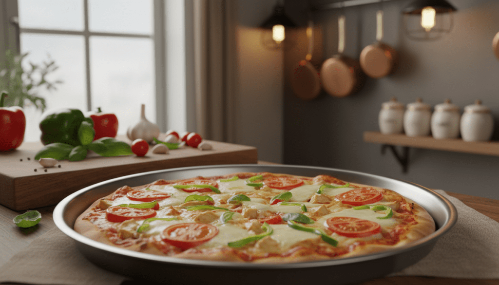 A beautifully arranged round pizza pan, expertly crafted from shiny stainless steel, sits prominently in the foreground. The pan is filled with a golden-brown chicken pizza, topped with vibrant green bell peppers, rich red tomatoes, and melted mozzarella cheese that pulls enticingly. In the middle ground, a rustic wooden cutting board complements the scene, while fresh ingredients like basil and garlic add a touch of color. The background features a warm, inviting kitchen setting with soft lighting that enhances the appetizing hues of the pizza. The atmosphere is cozy and welcoming, ideal for cooking. The shot is taken from a slightly elevated angle, providing a clear view of the delicious pizza and the kitchen tools, capturing a sense of home-cooked comfort.