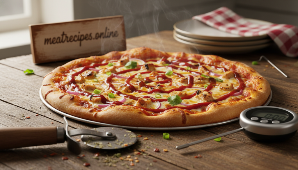 A beautifully arranged scene focusing on a freshly baked BBQ chicken pizza on a rustic wooden table. The pizza is generously topped with melted cheese, grilled chicken pieces, and drizzled with tangy BBQ sauce, showcasing its vibrant colors. The foreground features an antique pizza cutter and a sprinkle of fresh herbs, adding texture and detail. In the middle ground, a digital cooking timer and a thermometer are strategically placed next to the pizza, hinting at the importance of cooking times and temperature essentials. The background includes soft, natural lighting that creates a warm and inviting atmosphere, reminiscent of a cozy kitchen. The scene is carefully composed to emphasize the mouthwatering pizza while subtly incorporating the brand "meatrecipes.online" in an elegant, non-intrusive way.
