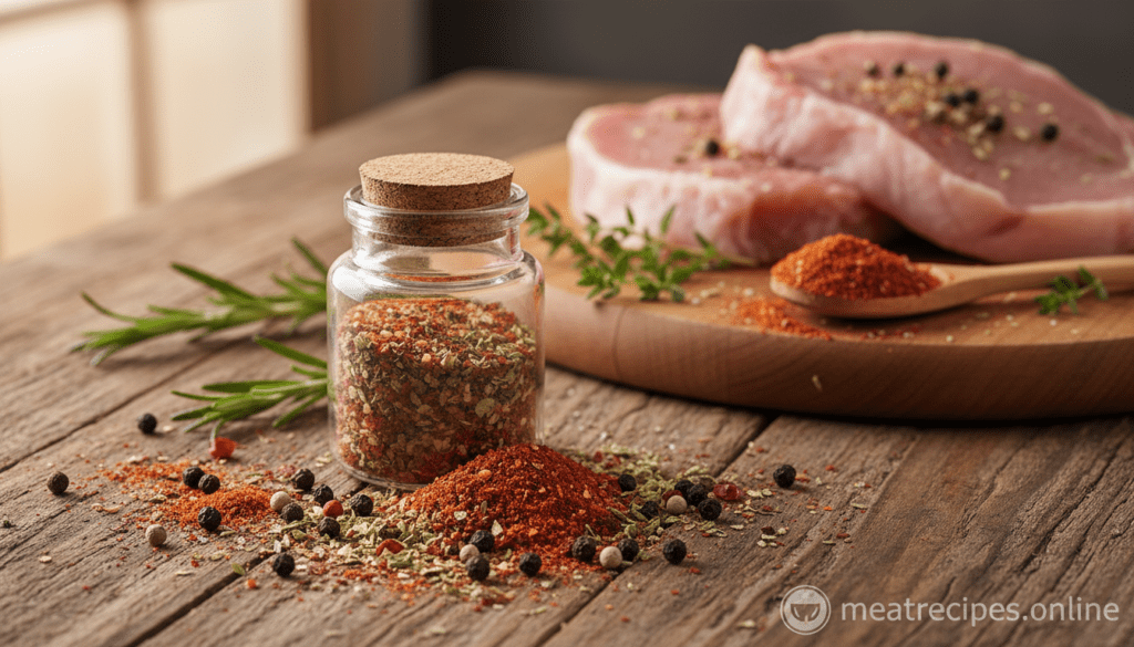 A beautifully arranged spice rub for pork chops placed on a rustic wooden kitchen countertop. The foreground features a small, elegant glass jar filled with a vibrant spice mix, including paprika, garlic powder, black pepper, and herbs, all artfully scattered around. In the middle, fresh herbs like rosemary and thyme complement the spices, enhancing the natural colors. The background includes a soft-focus image of a wooden cutting board and raw pork chops waiting to be seasoned, with gentle, warm lighting highlighting the textures of the spices and meats. The overall atmosphere is inviting and warm, embodying a cozy cooking environment. The image is captured with a shallow depth of field, emphasizing the spice rub while softly blurring the background elements. The brand name "meatrecipes.online" subtly integrated into the scene.