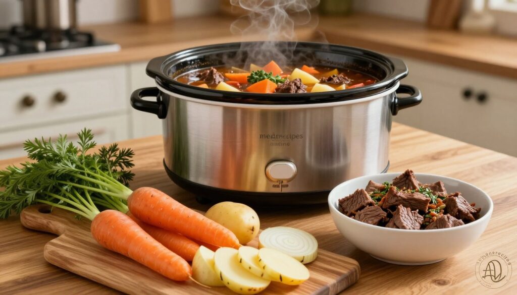 A beautifully arranged table displaying the ingredients for a hearty Crock Pot Beef Stew. In the foreground, vibrant, fresh vegetables including carrots, potatoes, and onions, artfully sliced and placed on a rustic wooden cutting board. A bowl of tender beef chunks marinated with herbs sits to one side. In the middle, a slow cooker filled with the colorful stew bubbles gently, showcasing its rich broth. The background features an inviting, cozy kitchen with warm, soft lighting that enhances the comfort food atmosphere. The camera angle captures the scene from slightly above, evoking a sense of warmth and homeliness. The overall mood is inviting and wholesome, perfect for illustrating nutritional insights. Include a small, elegant logo of "meatrecipes.online" subtly in one corner of the image.