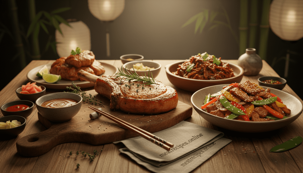 Table showcasing an assortment of global pork dishes