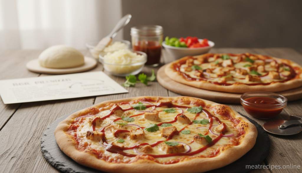 A beautifully arranged tabletop featuring step-by-step instructions to create BBQ chicken pizza. In the foreground, showcase a fresh homemade pizza with a golden crust, melted cheese, and BBQ sauce drizzled artistically on top, along with diced grilled chicken and colorful peppers. In the middle, include various ingredients neatly organized, such as pizza dough, shredded cheese, chopped cilantro, and BBQ sauce in small bowls, conveying a sense of preparation. The background should feature a rustic wooden table, with warm, natural lighting creating an inviting and cozy atmosphere. Use a soft focus to emphasize the pizza and ingredients, ensuring a professional and appealing look. Incorporate a subtle, unobtrusive watermarked pattern of "meatrecipes.online" in the lower corner.