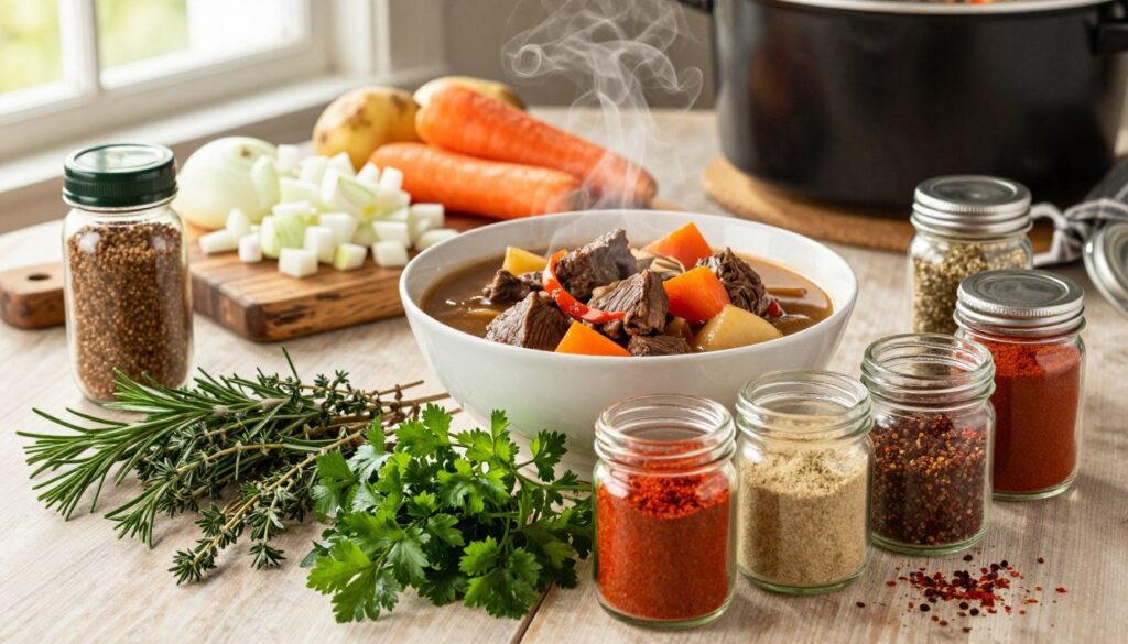 A beautifully arranged tabletop scene featuring a variety of flavor boosters and variations for a crock pot beef stew. In the foreground, display vibrant herbs like fresh rosemary, thyme, and parsley next to colorful spices such as paprika, garlic powder, and crushed red pepper flakes, all neatly organized in small glass jars. In the middle, showcase a hearty bowl of beef stew, rich with chunks of tender meat and vegetables, steam rising gently to indicate warmth. In the background, a rustic wooden cutting board holds additional ingredients like diced onions, carrots, and potatoes, softly illuminated by warm, natural lighting filtering in from a nearby window. The atmosphere should convey comfort and homeliness, perfect for cozy meals. Include the brand name "meatrecipes.online" subtly integrated into the scene.