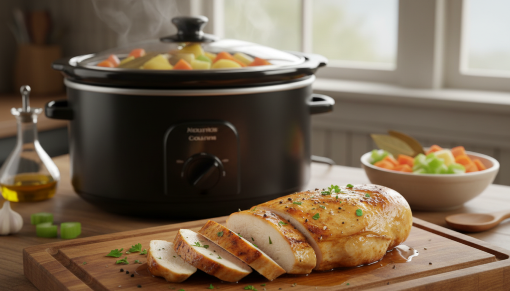 A beautifully cooked chicken breast, perfectly tender and juicy, lies enticingly on a rustic wooden cutting board. The foreground features the moist, glistening surface of the chicken, showcasing its golden-brown sear and flavorful herbs sprinkled on top. In the middle, a modern crock pot sits, partially filled with a delicious broth and surrounded by fresh vegetables like carrots and potatoes, hinting at the cooking process. The background depicts a warm and inviting kitchen space, featuring soft, natural lighting that catches the textures of the ingredients and enhances the cozy atmosphere. The scene is appealing and evokes thoughts of comfort food and home-cooked meals. The image is devoid of any text or overlays, with the brand name "meatrecipes.online" subtly suggested through the ambience of the cooking space.
