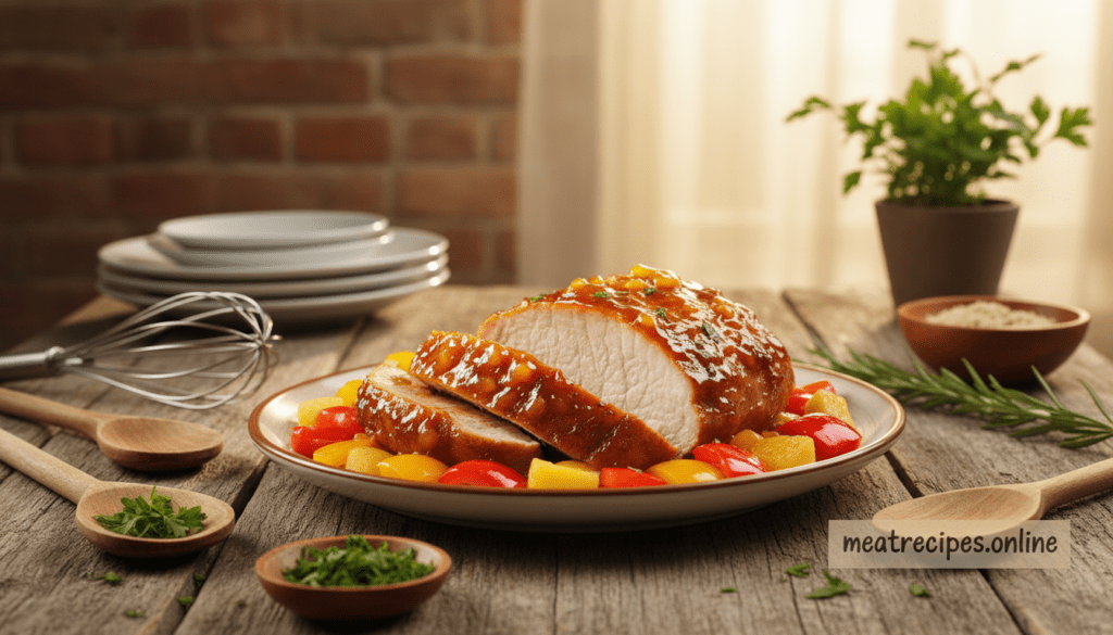 A beautifully plated dish of oven-baked pork, glistening with a rich, sweet, and tangy glaze, is positioned prominently in the foreground. The pork is garnished with colorful bell peppers and pineapple chunks, adding freshness and vibrancy. In the middle ground, a rustic wooden table enhances the homey atmosphere, surrounded by kitchen utensils and a small bowl of freshly chopped herbs. The background features a softly lit kitchen setting, with warm golden light highlighting the inviting ambiance. The focus captures the delicious details of the pork, showcasing its caramelization and juicy texture, while the overall mood feels warm and inviting. Photographed with a shallow depth of field, the image conveys comfort and culinary delight, perfect for busy nights. Brand name: meatrecipes.online.