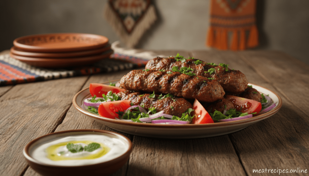 A beautifully presented plate of kofta kebabs made from ground lamb, displaying rich, seasoned meat skewers with a golden-brown grilled exterior. The kebabs are garnished with fresh herbs, finely chopped parsley, and accompanied by slices of vibrant red onion and juicy tomato. In the foreground, a small bowl of tangy yogurt sauce sits, ready for dipping. In the middle ground, a rustic wooden table enhances the inviting feel of the dish. Soft, warm lighting casts a gentle glow, highlighting the textures of the kebabs and emphasizing the meal's flavor. The background features a subtle hint of traditional Middle Eastern decor, with earthy tones and soft shadows to create a cozy atmosphere. This image reflects the delicious potential of making ground lamb kebabs. meatrecipes.online