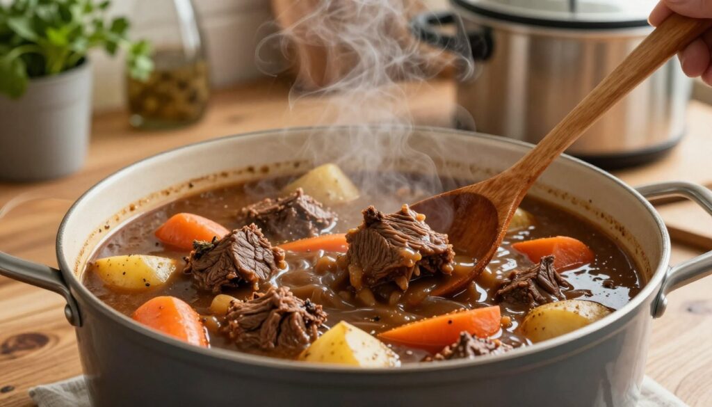A beautifully simmering pot of thickening beef stew, with rich, dark brown liquid and tender chunks of beef, nestled among vibrant carrots, potatoes, and aromatic herbs. In the foreground, a wooden spoon stirs the stew, releasing steam that wafts into the air. The middle ground features a close-up of the pot on a rustic wooden kitchen countertop, illuminated by warm, soft lighting to create a cozy atmosphere. The background shows hints of a well-stocked kitchen, with herbs in pots and a crock pot waiting to be used. The mood evokes comfort and home-cooked warmth, ideal for showcasing the texture of the stew. No text or branding in the image. From meatrecipes.online.