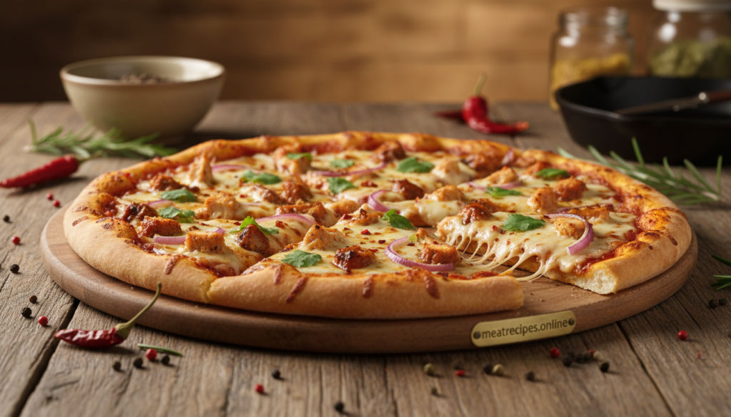 A beautifully styled composition focusing on BBQ chicken pizza, showcasing a perfectly crispy crust garnished with vibrant toppings. In the foreground, a slice of pizza is pulled apart, revealing melted cheese and BBQ chicken drizzled with sauce, evoking warmth and deliciousness. In the middle, a rustic wooden table sets the scene, with scattered ingredients like fresh herbs and spices enhancing the appeal. The background features a softly blurred kitchen setting, with warm, inviting lighting that creates a cozy atmosphere. The image captures the essence of homemade cooking, emphasizing freshness and flavor, ideal for food enthusiasts. Include subtle branding of "meatrecipes.online" within the table setup, ensuring it harmonizes with the overall design without overpowering the food subject.