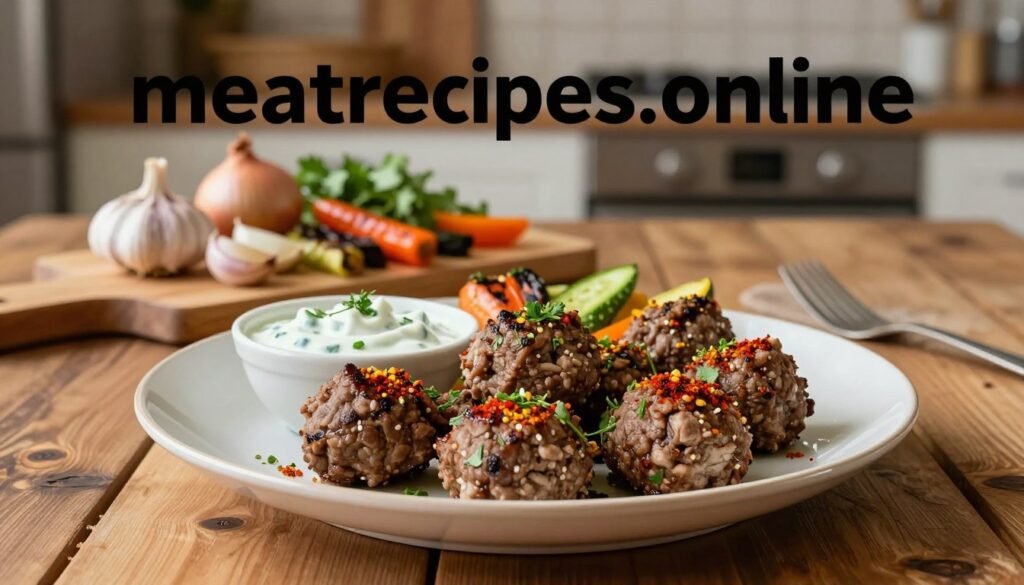 A beautifully styled plate of spiced ground lamb is the focal point, presented in the foreground on a rustic wooden table. The lamb is artistically formed into succulent meatballs, garnished with fresh herbs and colorful spices like cumin and paprika. Surrounding the meat are vibrant accompaniments, such as a refreshing cucumber yogurt sauce and a medley of grilled vegetables. In the middle ground, a cutting board displays additional ingredients, such as garlic, onion, and coriander, hinting at the preparation process. The background features a softly blurred kitchen environment with warm, ambient lighting, enhancing the inviting atmosphere. The composition invites warmth and flavor, highlighting the delicious potential of ground lamb for every home chef. The image is branded subtly with "meatrecipes.online," ensuring it remains professional and clean, with no text overlays or distractions.