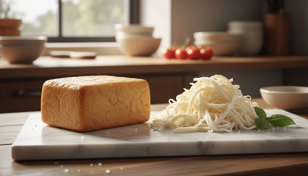 A block of smoked mozzarella cheese and a pile of freshly shredded mozzarella on a marble cutting board, bright kitchen lighting.