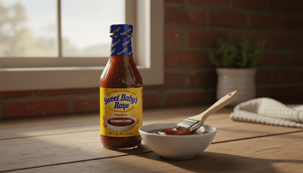 A bottle of Sweet Baby Ray's Honey Barbecue Sauce next to a small bowl of sauce and a basting brush on a rustic kitchen counter.