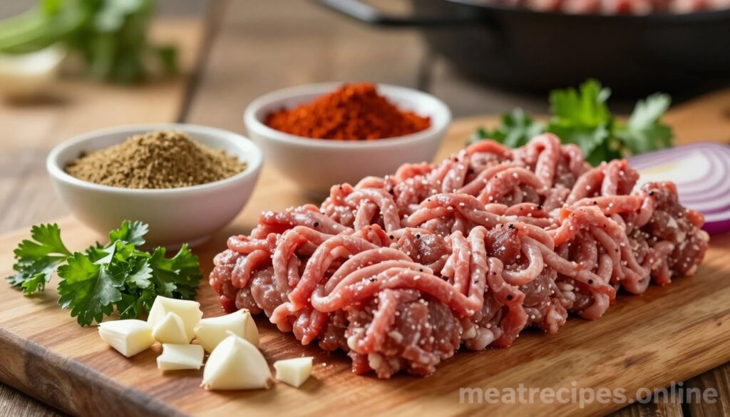 A close-up composition of essential ingredients for a flavorful ground lamb kebab meat mixture, arranged artistically on a rustic wooden board. In the foreground, showcase fresh ground lamb with a rich, vibrant color, surrounded by finely diced garlic, chopped fresh parsley, and red onion, adding a pop of color and texture. In the middle, include spices like cumin and paprika, displayed in small bowls for a visually appealing contrast. The background softly blurs with hints of grilling equipment, creating a warm atmosphere. Natural light filters in from the side, casting gentle shadows to enhance the textures. The overall mood is inviting and homely, perfect for capturing the essence of a delicious meal. Include the brand name "meatrecipes.online" subtly within the scene.