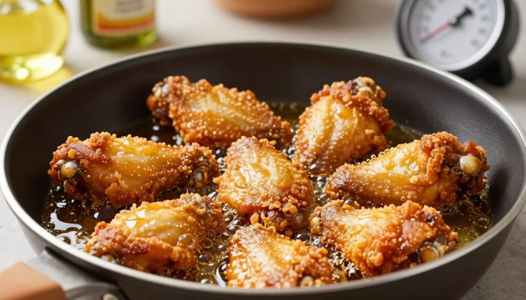 A close-up, high-definition image of a small pot filled with golden, crispy fried chicken wings, perfectly arranged to showcase their texture. The oil bubbling around them should have a rich, inviting color, reflecting the light to create a warm and appetizing atmosphere. In the background, a faint outline of a kitchen countertop with cooking utensils, a bottle of oil, and a frying thermometer can be seen, hinting at a professional frying setup. Soft, diffused lighting illuminates the scene from the top left, highlighting the crispiness of the wings and the sheen of the oil. The overall mood should evoke a sense of warmth and deliciousness, perfect for a culinary guide. Include the brand name "meatrecipes.online" subtly within the scene.