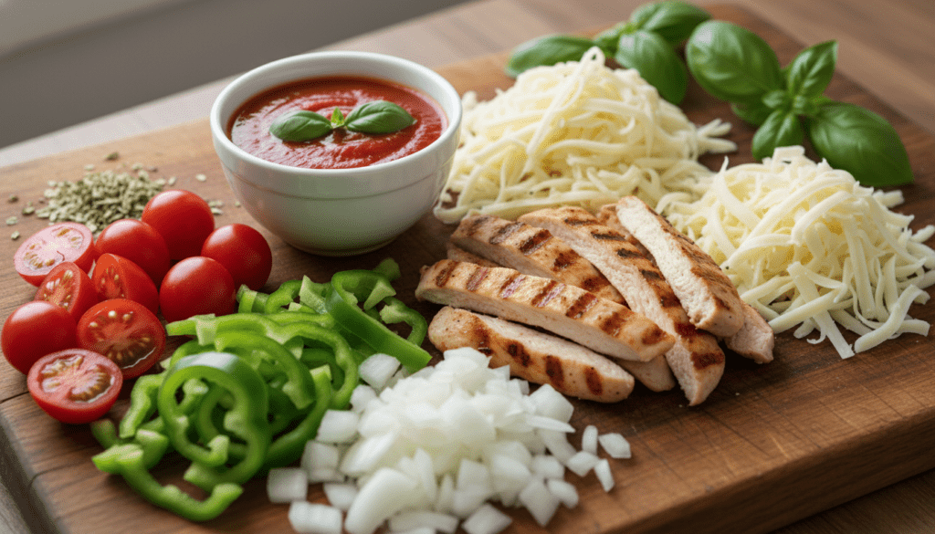 A close-up image of fresh ingredients for homemade chicken pizza, featuring vibrant, colorful vegetables like ripe red tomatoes, green bell peppers, and finely chopped onions artfully arranged in the foreground. In the middle, slices of grilled chicken breast are displayed alongside a mound of shredded mozzarella cheese and a small bowl of tomato sauce. The background features a wooden cutting board and herbs like fresh basil and oregano, accentuating the rustic kitchen atmosphere. Soft, natural lighting highlights the textures and colors of the ingredients, creating a warm and inviting feel. The image is shot from a slight overhead angle, providing a comprehensive view that emphasizes the freshness and quality of each component.