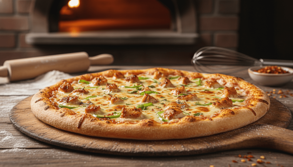 A close-up shot of a freshly baked chicken pizza resting on a wooden pizza peel, its crust perfectly golden and crispy. The cheese is bubbling and slightly browned, with chunks of juicy, caramelized chicken, vibrant green bell peppers, and aromatic herbs visible on top. In the background, an oven's warm glow creates a cozy atmosphere, with soft, diffused lighting illuminating the scene. The focus is sharp on the pizza, while the background fades gently, creating depth. A rustic kitchen setting adds to the ambiance, with a wooden countertop and various baking tools artfully arranged, enhancing the home-cooked vibe. The overall mood is inviting and appetizing, evoking the comforting experience of baking pizza at home.