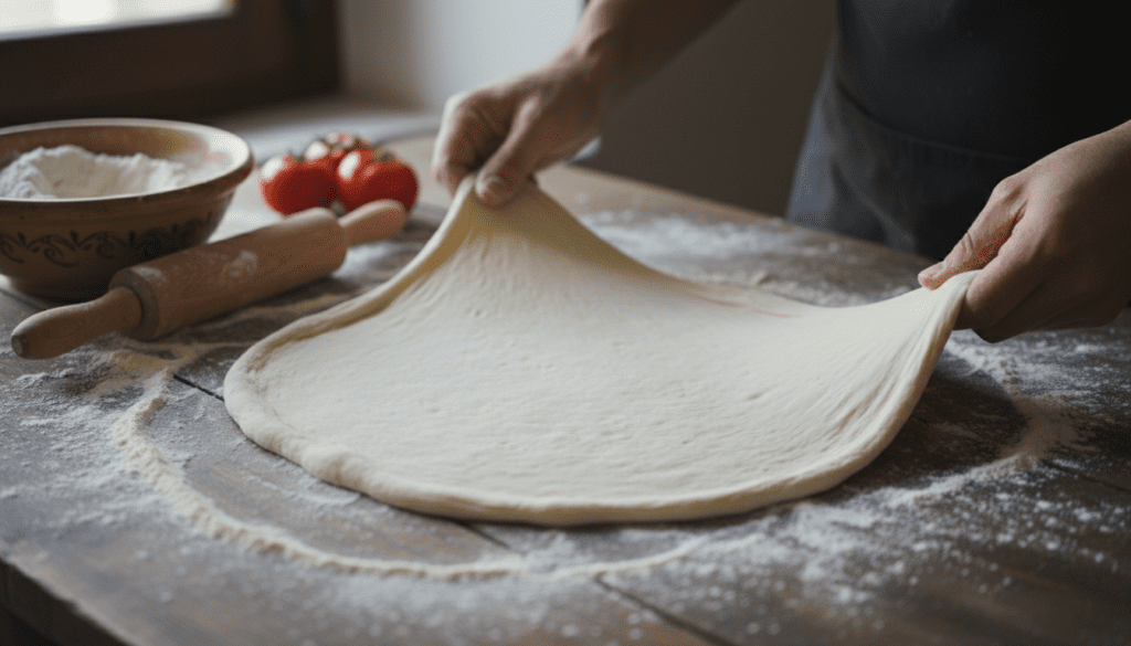 A close-up shot of fresh pizza dough being stretched on a floured wooden surface, soft lighting, professional food photography, 4k.