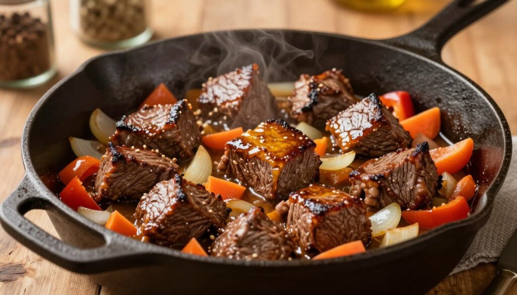 A close-up view of a browning beef skillet, showcasing tender pieces of stew meat sizzling in a cast iron pan. The beef is beautifully caramelized, glistening with a rich, golden-brown hue, surrounded by an array of fresh vegetables like chopped onions, carrots, and bell peppers. The skillet is on a rustic wooden countertop, with a soft glow illuminating the scene from a warm, overhead light source, creating a cozy and inviting atmosphere. In the background, there are kitchen utensils and spices, suggesting the preparation of a hearty meal. This image should reflect the essence of home cooking, evoking a sense of comfort and warmth. Ideal for the context of meatrecipes.online.