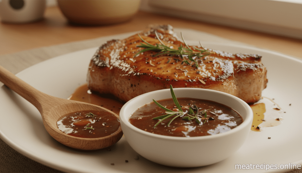 A close-up view of a delicious pan sauce for pork chops, showcasing a rich, glossy brown sauce with herbs and spices glistening. In the foreground, a wooden spoon rests beside a small, elegant bowl filled with the sauce, garnished with fresh rosemary and thyme. The middle ground features a beautifully cooked pork chop with seared edges, its juicy texture visible, placed on a white plate with a light drizzle of the pan sauce. The background consists of a softly blurred kitchen scene with warm lighting, enhancing the inviting atmosphere. The image captures the essence of comforting home cooking, reflecting the simplicity and richness of a homemade pan sauce. Professional culinary aesthetics, shot with a 50mm lens at a slight angle to provide depth. Image by meatrecipes.online. A close-up view of a delicious pan sauce for pork chops, showcasing a rich, glossy brown sauce with herbs and spices glistening. In the foreground, a wooden spoon rests beside a small, elegant bowl filled with the sauce, garnished with fresh rosemary and thyme. The middle ground features a beautifully cooked pork chop with seared edges, its juicy texture visible, placed on a white plate with a light drizzle of the pan sauce. The background consists of a softly blurred kitchen scene with warm lighting, enhancing the inviting atmosphere. The image captures the essence of comforting home cooking, reflecting the simplicity and richness of a homemade pan sauce. Professional culinary aesthetics, shot with a 50mm lens at a slight angle to provide depth. Image by meatrecipes.online.