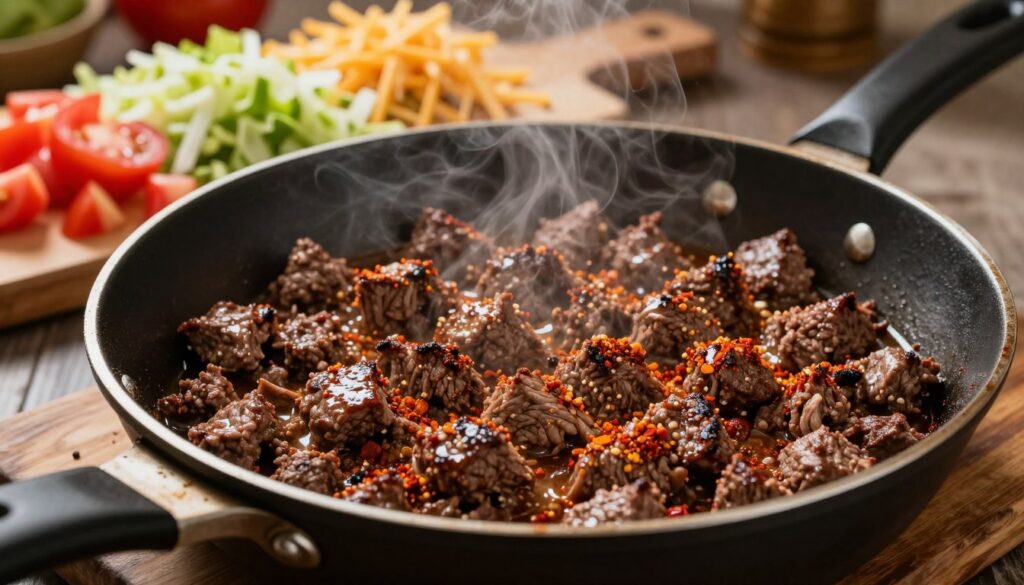 A close-up view of sizzling taco meat in a shiny black skillet, showcasing ground beef perfectly browned and seasoned with vibrant spices like paprika and cumin. The meat is glistening with juices, steam rising in a warm kitchen setting. In the background, there are colorful toppings like chopped tomatoes, shredded lettuce, and grated cheese arranged invitingly on a rustic wooden cutting board. The lighting is warm and inviting, casting soft shadows that highlight the texture of the beef. The camera angle is slightly overhead, focusing on the delicious texture of the taco meat, evoking a sense of mouth-watering anticipation. The overall mood is cozy and homey, suitable for a reference to homemade meals at meatrecipes.online. A close-up view of sizzling taco meat in a shiny black skillet, showcasing ground beef perfectly browned and seasoned with vibrant spices like paprika and cumin. The meat is glistening with juices, steam rising in a warm kitchen setting. In the background, there are colorful toppings like chopped tomatoes, shredded lettuce, and grated cheese arranged invitingly on a rustic wooden cutting board. The lighting is warm and inviting, casting soft shadows that highlight the texture of the beef. The camera angle is slightly overhead, focusing on the delicious texture of the taco meat, evoking a sense of mouth-watering anticipation. The overall mood is cozy and homey, suitable for a reference to homemade meals at meatrecipes.online.