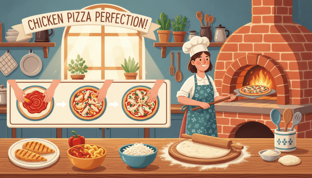 A colorful, detailed illustration of step-by-step instructions for assembling a delicious chicken pizza. In the foreground, a well-organized kitchen countertop displays fresh ingredients: slices of grilled chicken, colorful bell peppers, shredded cheese, and a rolled-out pizza dough. Midground shows a person in a modest casual outfit, skillfully layering the toppings on the dough, with a look of concentration. The background features a warm, inviting kitchen setting with soft natural lighting streaming through a window, highlighting a rustic wooden table and cooking utensils. The atmosphere is cheerful and homely, conveying a sense of culinary creativity and joy in cooking.
