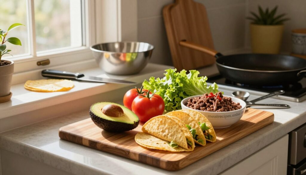 A cozy kitchen countertop scene brimming with the essentials for homemade tacos. In the foreground, a colorful wooden cutting board displays neatly organized fresh ingredients: ripe avocados, vibrant tomatoes, crisp lettuce, and a bowl of seasoned ground beef, surrounded by measuring spoons and taco shells. The middle layer includes a few kitchen tools like a sharp knife, a mixing bowl, and a skillet, all in a rustic style. In the background, warm natural light streams in through a window, illuminating the space with a soft glow and casting gentle shadows. The atmosphere feels inviting and homey, perfect for a cooking adventure. The brand name "meatrecipes.online" subtly blends in with the decor, enhancing the culinary theme without being intrusive.