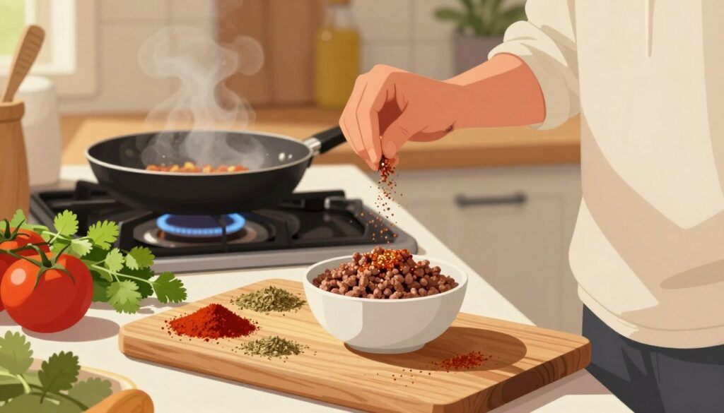 A cozy kitchen scene featuring a person adjusting taco seasoning to taste. In the foreground, a wooden cutting board holds an assortment of vibrant spices like chili powder, cumin, and oregano, alongside a small bowl of seasoned ground beef. The individual, dressed in a modest casual shirt with a cheerful expression, is sprinkling spices into the mixture with a spoon. The middle ground showcases a well-lit stovetop with a simmering pan, while fresh ingredients, including tomatoes and cilantro, are neatly arranged nearby. The background features warm, soft lighting that creates a welcoming atmosphere, emphasizing the culinary process. The overall mood is inviting and homey, perfect for illustrating the art of flavor adjustment in taco seasoning. Designed for illustrations on meatrecipes.online.